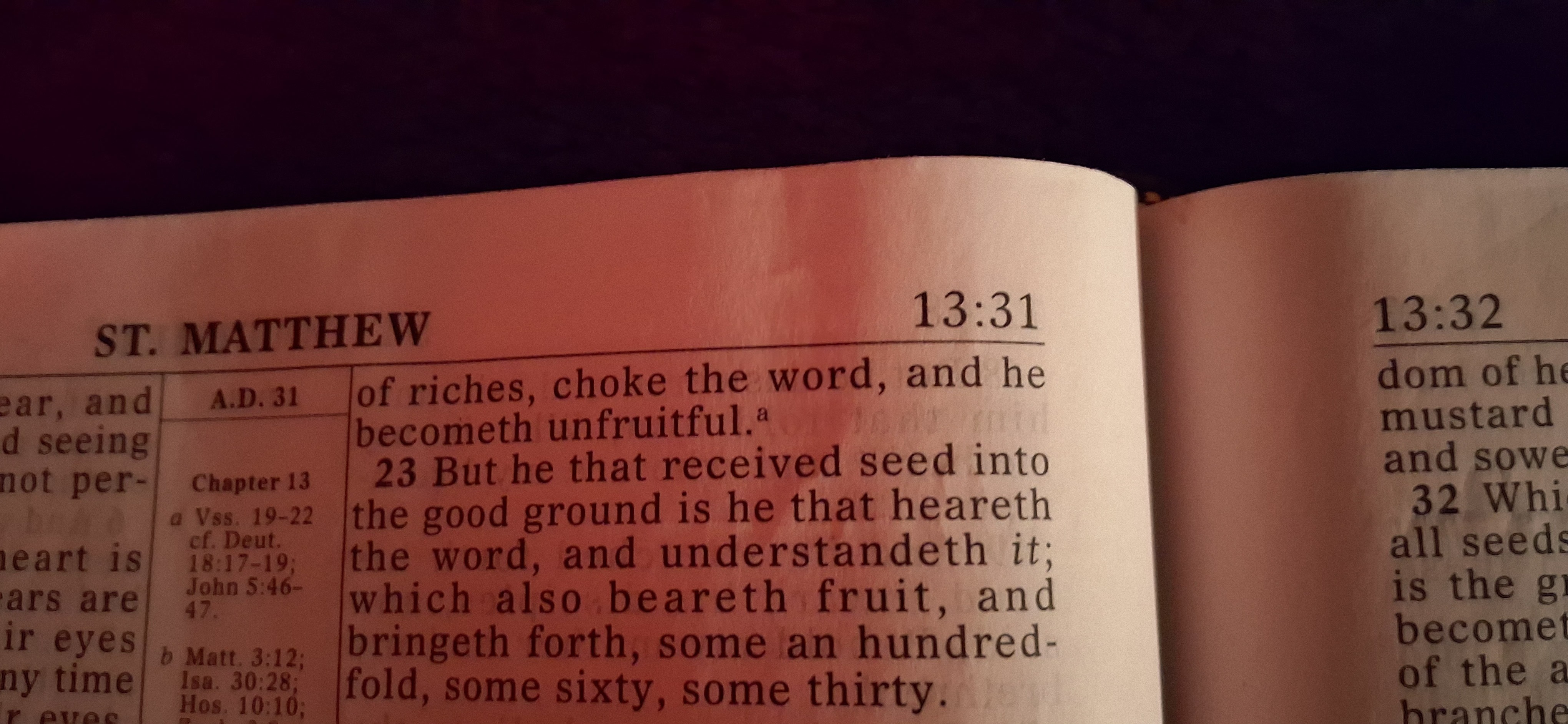 Fotografía de la página física real de la Biblia personal del Perceptor mostrando el Evangelio de Mateo capítulo 13 con el encabezado de página marcando 13:31 y 13:32 y el borde izquierdo visible de la columna mostrando las palabras cortadas viendo y no perci- correspondiendo a Mateo 13:14 el mismo versículo que contiene la profecía de Isaías de no percibir del cual el Creador nombró al Perceptor como la inversión de la acusación con las referencias marginales del Capítulo 13 visibles incluyendo Vss 19 a 22 cf Deut 18:17-19 Juan 5:46-47 Mat 3:12 Isa 30:28 y Os 10:10