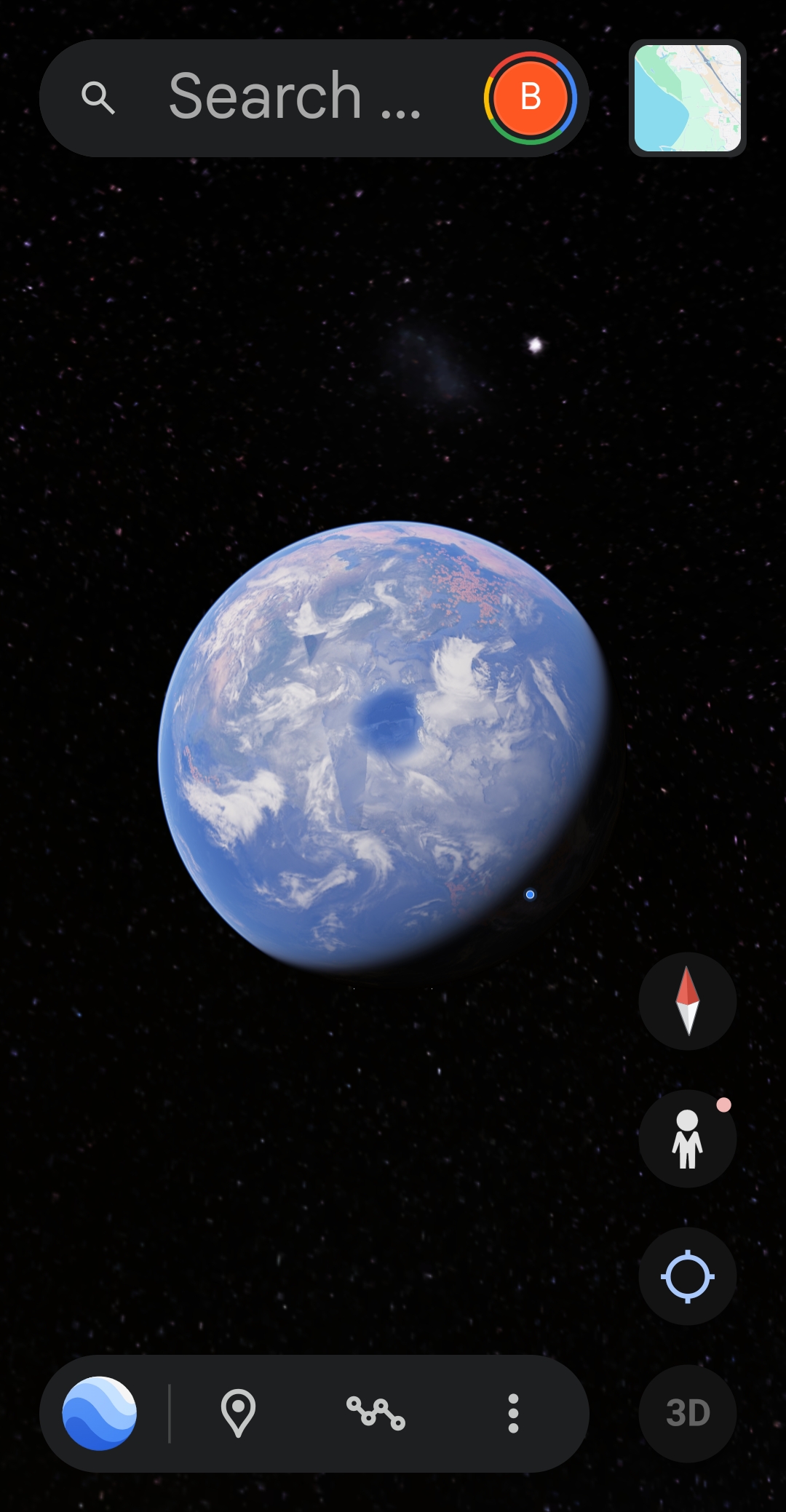 Full Earth view from satellite altitude in Google Earth incognito mode showing the planet against deep space with a small dark circular feature visible on the upper northern surface near Greenland indicating an anomalous cloud-cleared region at the documented pulsing dots coordinate