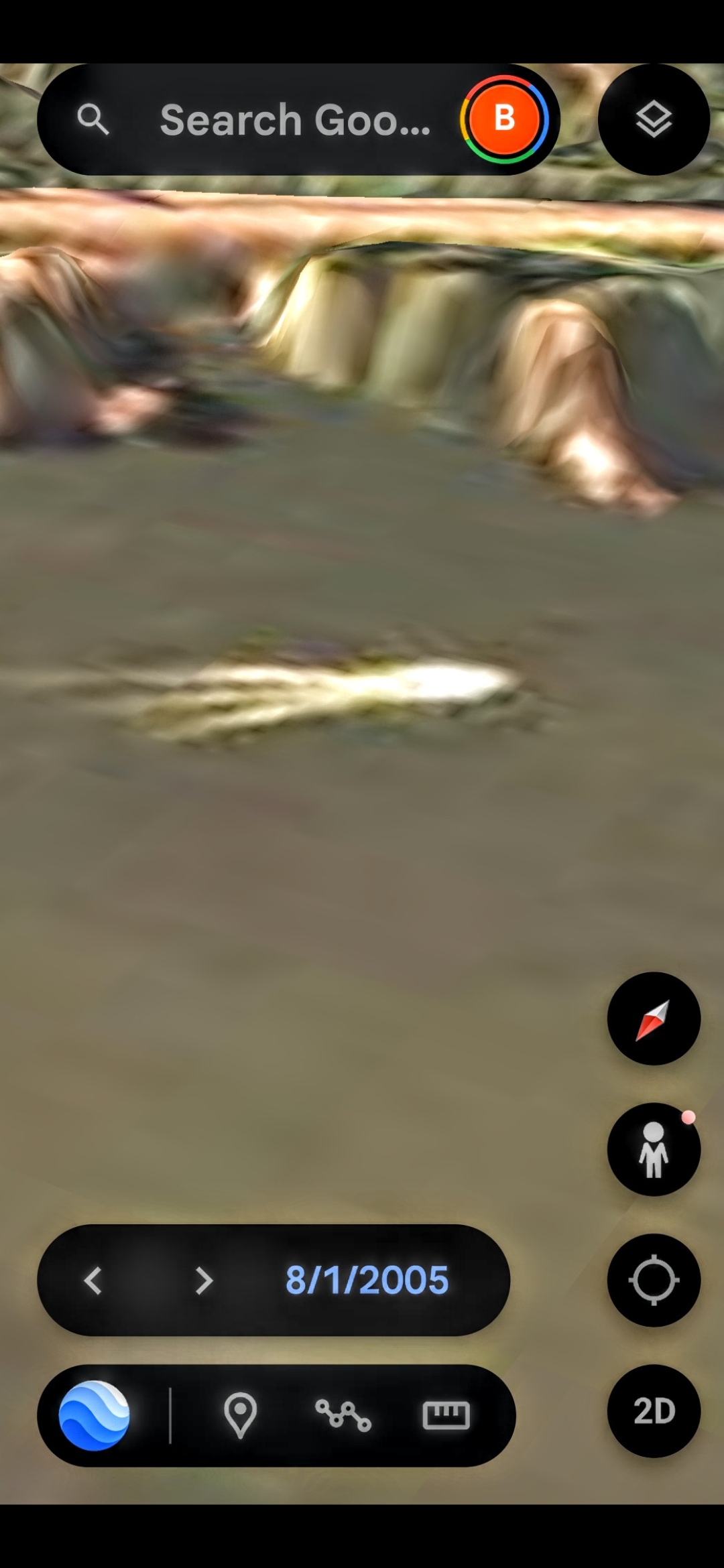 Google Earth archived ground level view dated August 1 2005 showing a luminous mass signature on or in the water of the Columbia River Gorge against a tree line backdrop documenting that the underwater corridor traffic phenomenon is not recent but has been visible on publicly available satellite imagery for at least nineteen years prior to the 2024 capture