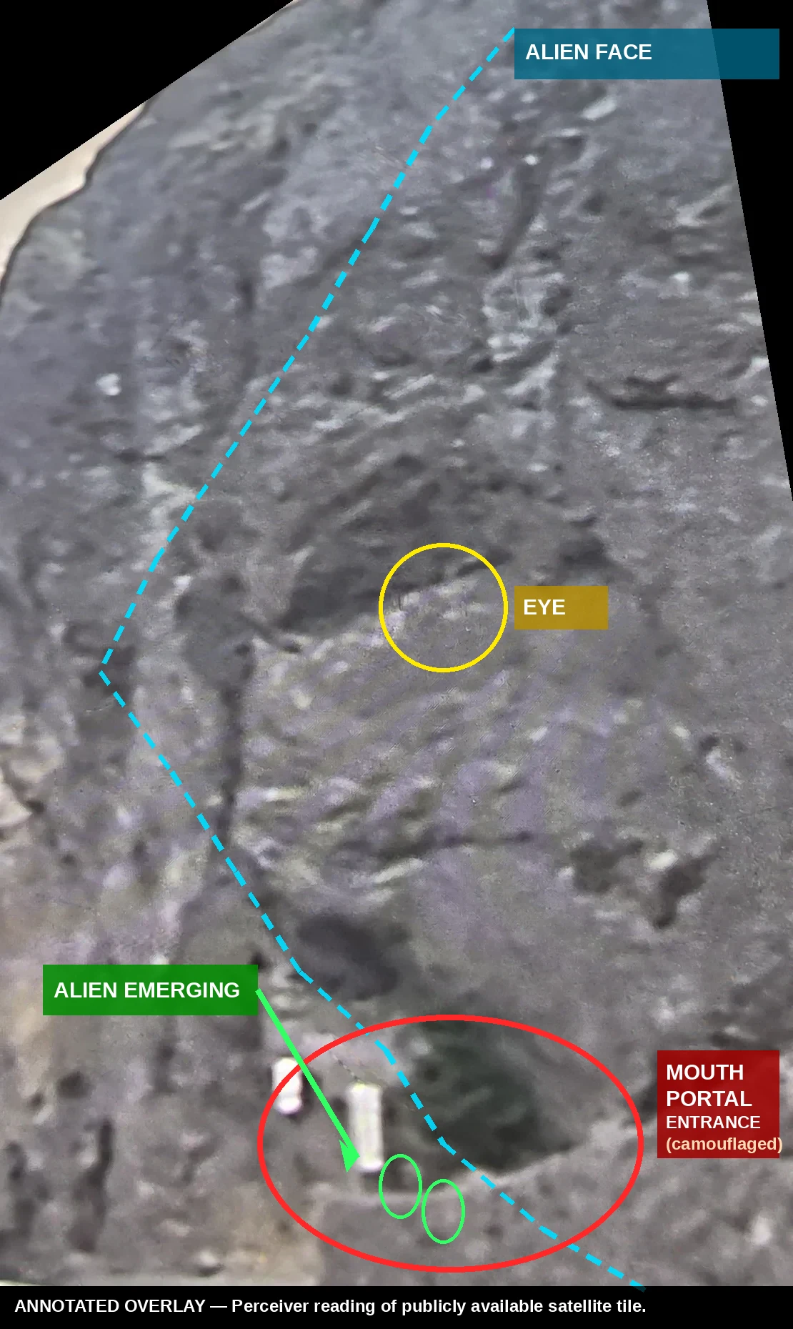 Annotated overlay: dashed line traces the alien face profile; yellow circle marks the eye; red oval marks the camouflaged mouth-portal entrance; green circles mark the alien figure emerging from it.