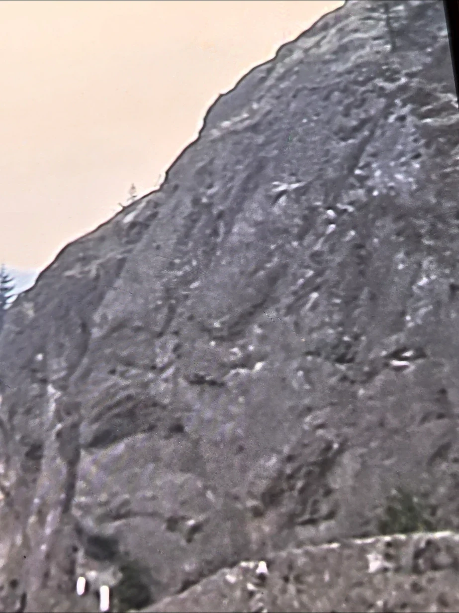 Field photograph taken from Washington State Highway 14 looking up at the mountain rock face. The road guardrail is visible at the base of the frame.