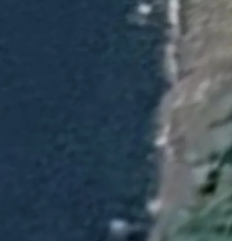 Overhead satellite view of the Dog Creek Falls target shoreline across the water — dark blue open channel on the left transitioning to a rocky tan-gray shoreline on the right