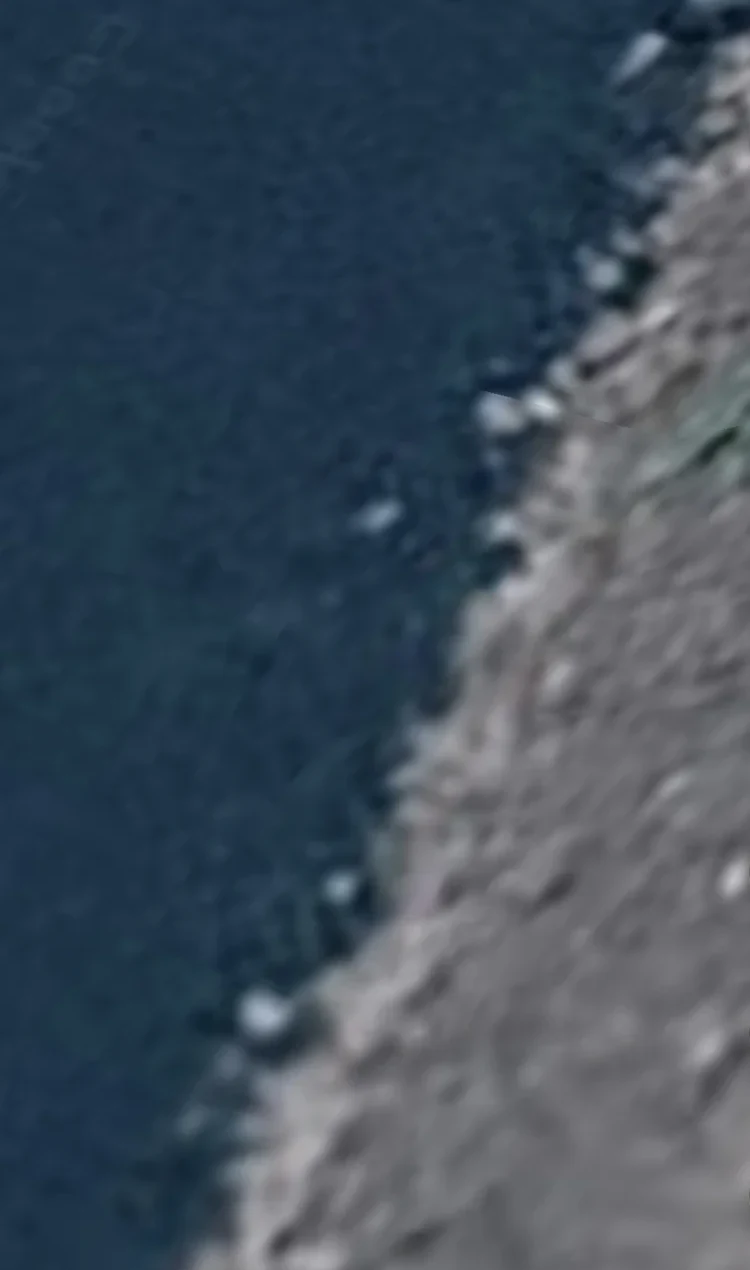 Closer overhead satellite view of the Dog Creek Falls target shoreline — deep blue water on the left, lighter rocky shoreline running vertically along the right