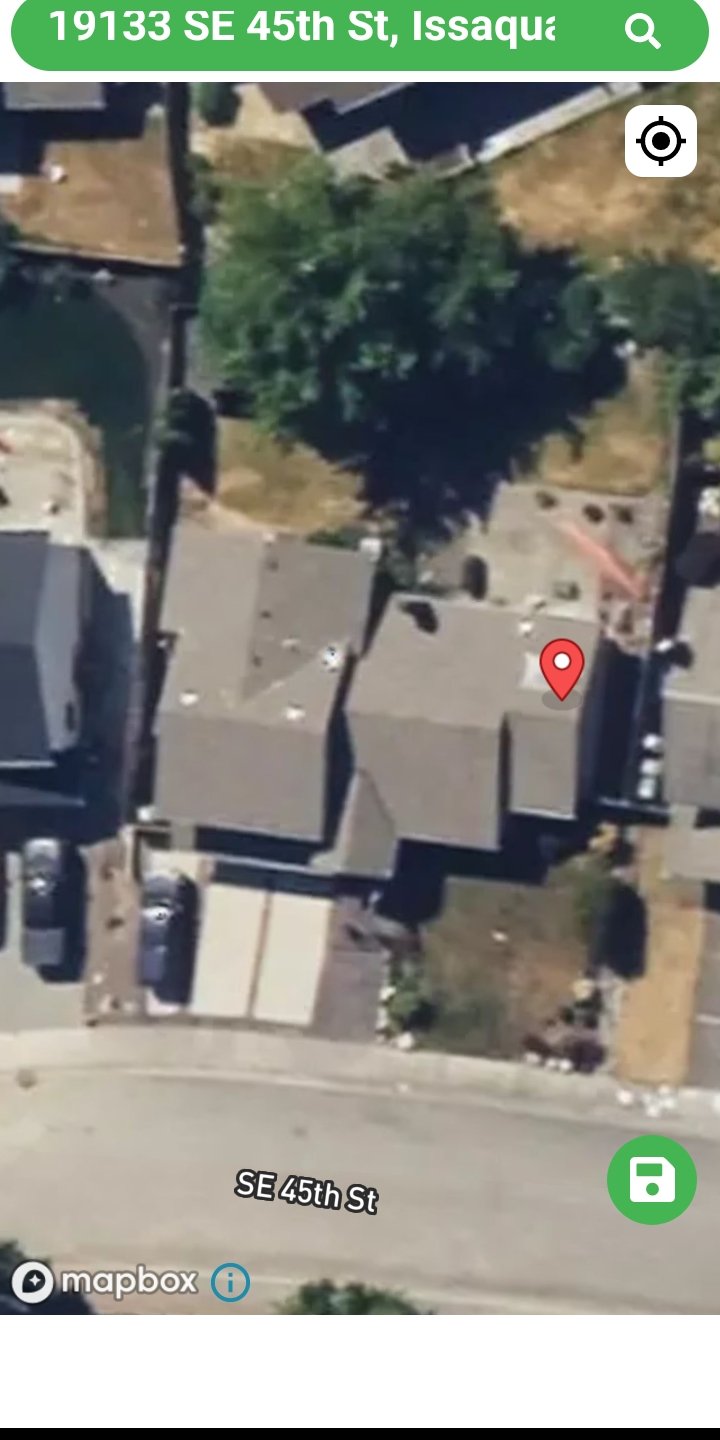 Mapbox satellite location pin marking 19133 SE 45th Street Issaquah Washington as the residential location of the documented UAP rooftop landing activity