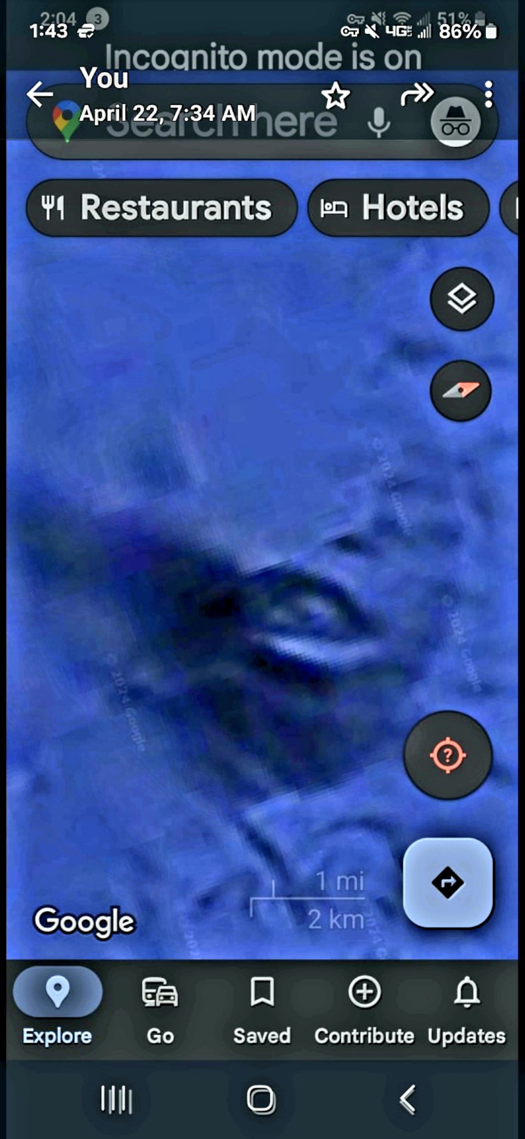 Google Maps incognito mode screenshot showing a wide bathymetric overview of the coastal underwater zone with the standard Maps UI scale bar reading 1 mile or 2 kilometers and timestamp visible at the top of the frame capturing the broader Mazatlán Pacific area context