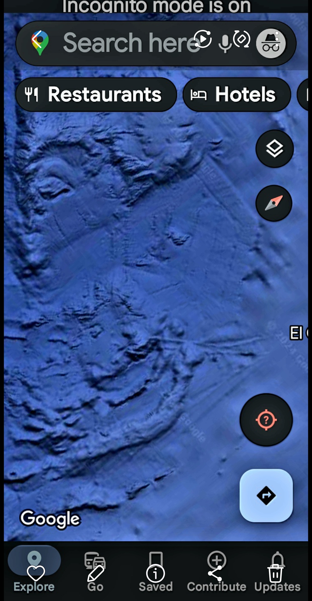 Google Maps incognito mode screenshot showing detailed seafloor topography with ridges valleys and ribbed contour patterns rendered in blue indicating bathymetric depth variation across an extended underwater area in the Mazatlán Pacific corridor with the standard Maps user interface visible at the screen edges