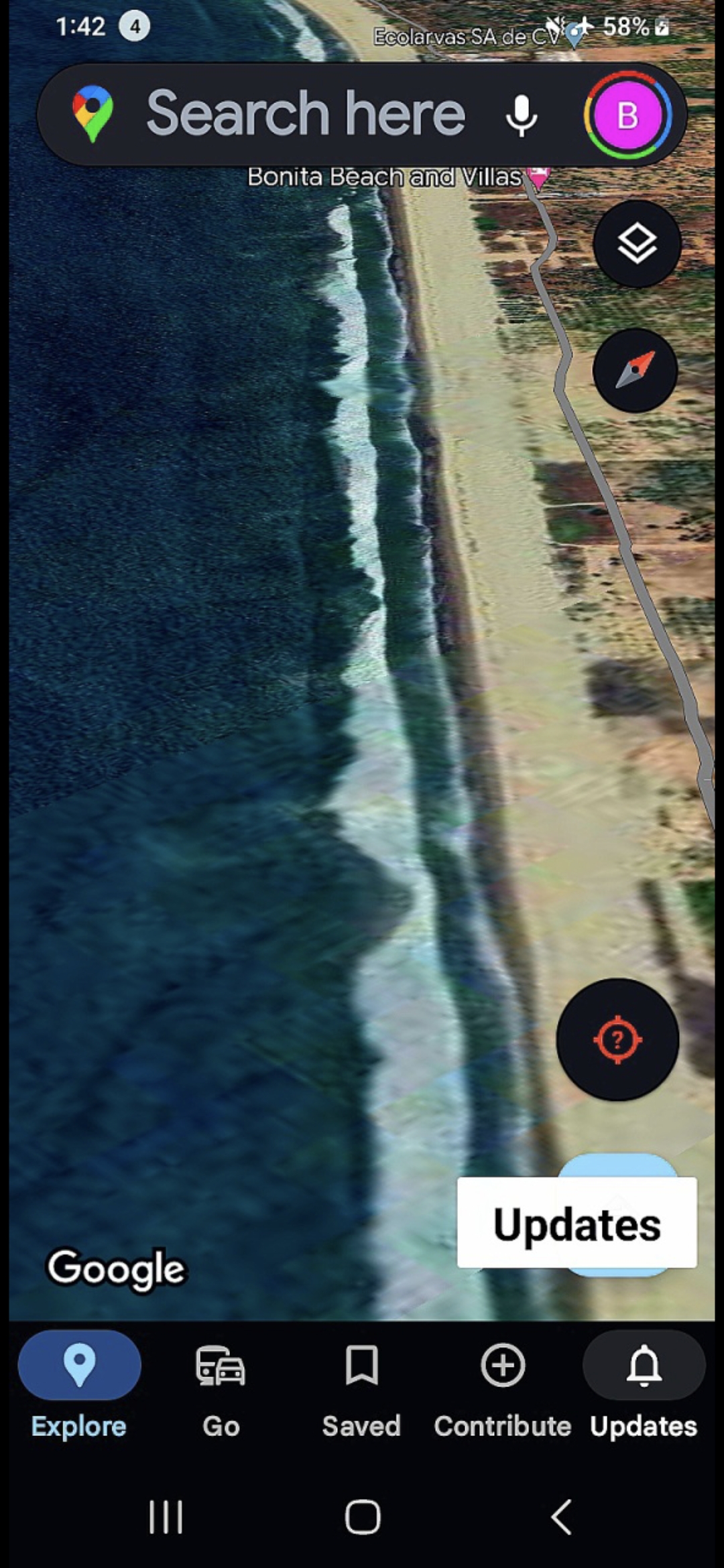 Aerial view of the Bonita Beach and Villas coastal stretch on the south side of Stone Island Mazatlan Bay showing a long sandy beach with repeated parallel wave break banding patterns extending offshore consistent with a submerged structure running parallel to the shoreline classified by the Perceiver as a reptilian base signature