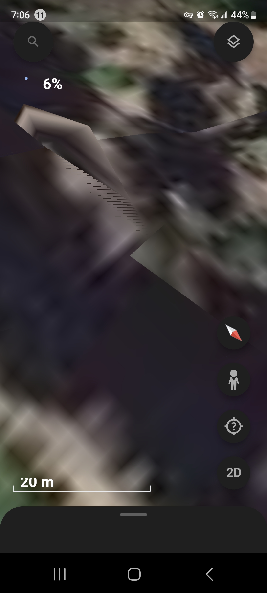 Closer Google Earth zoom at 20 meter scale on the Mitchell Point Oregon parked craft showing a hard-edged triangular wedge form with visible striations or pulsing texture along its lower edge