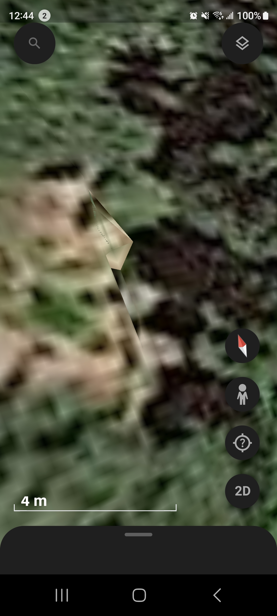 Extreme close-up Google Earth zoom at 4 meter scale on the Mitchell Point Oregon coordinate clearly resolving a triangular crystal-like geometric form embedded in the terrain