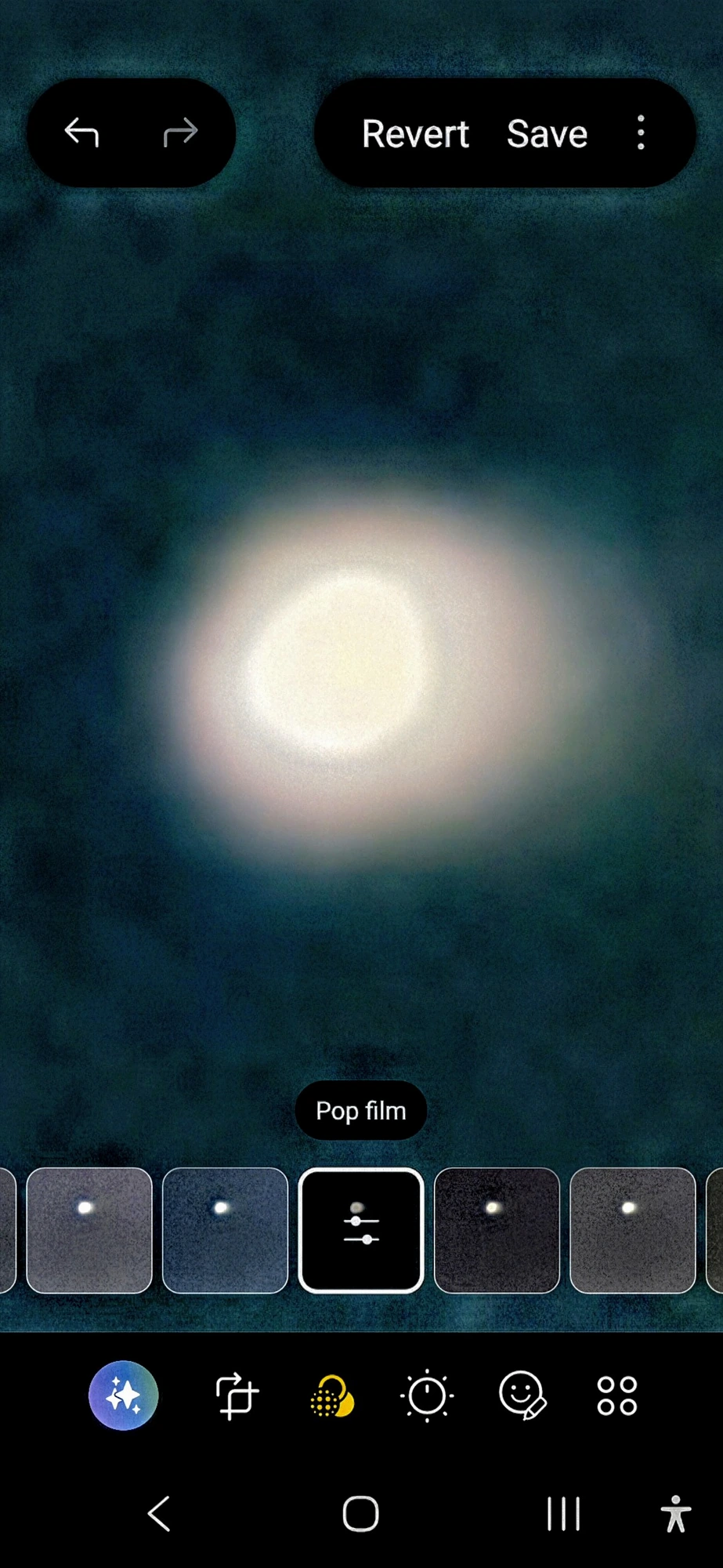 Screenshot of the Perceiver's phone photo editor showing multiple frames of the same moon-with-star pairing across the film strip at the bottom, documenting continuing aftermath study of the phenomenon