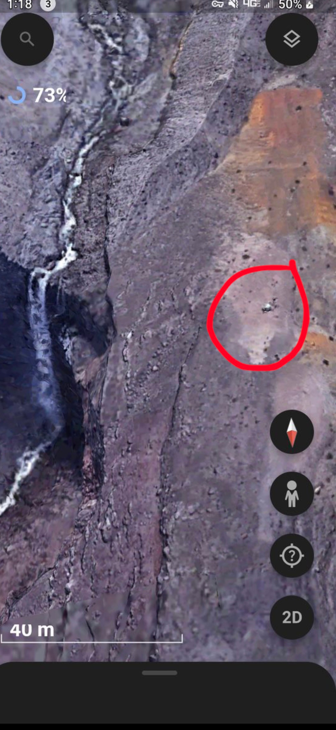 Aerial view Mount Saint Helens alien base location with crystal beacon marker circled above camouflaged waterfall entrance