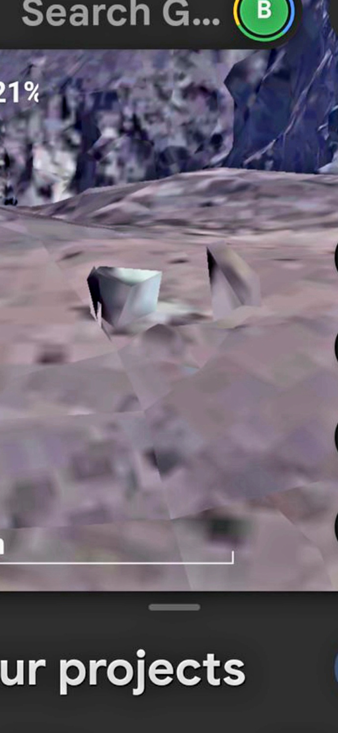 Geometric crystal structure protruding from volcanic terrain base area