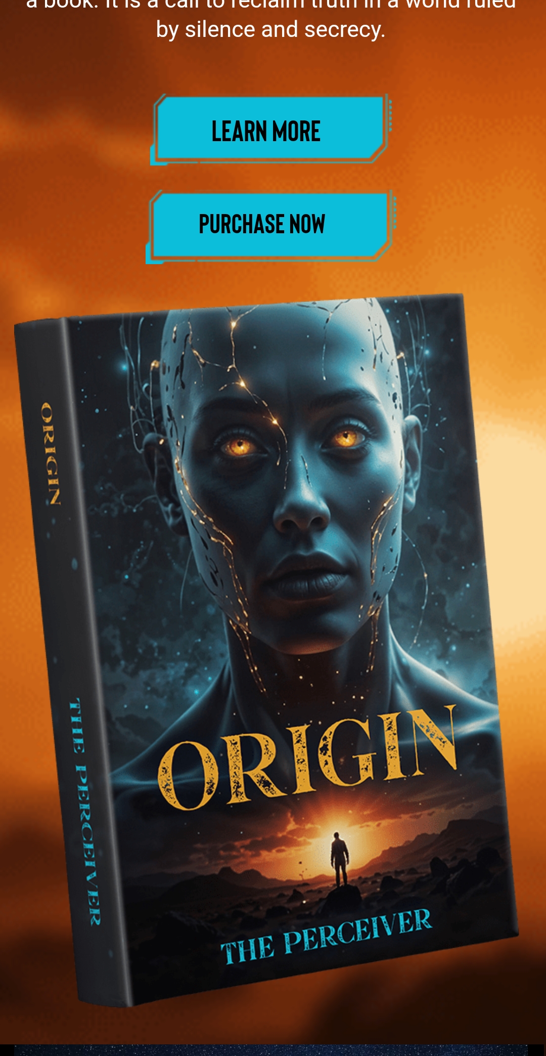 ORIGIN: The Perceiver book cover featuring cosmic blue alien entity with glowing orange eyes and silhouette of truth-seeker by Benigno Kelso G