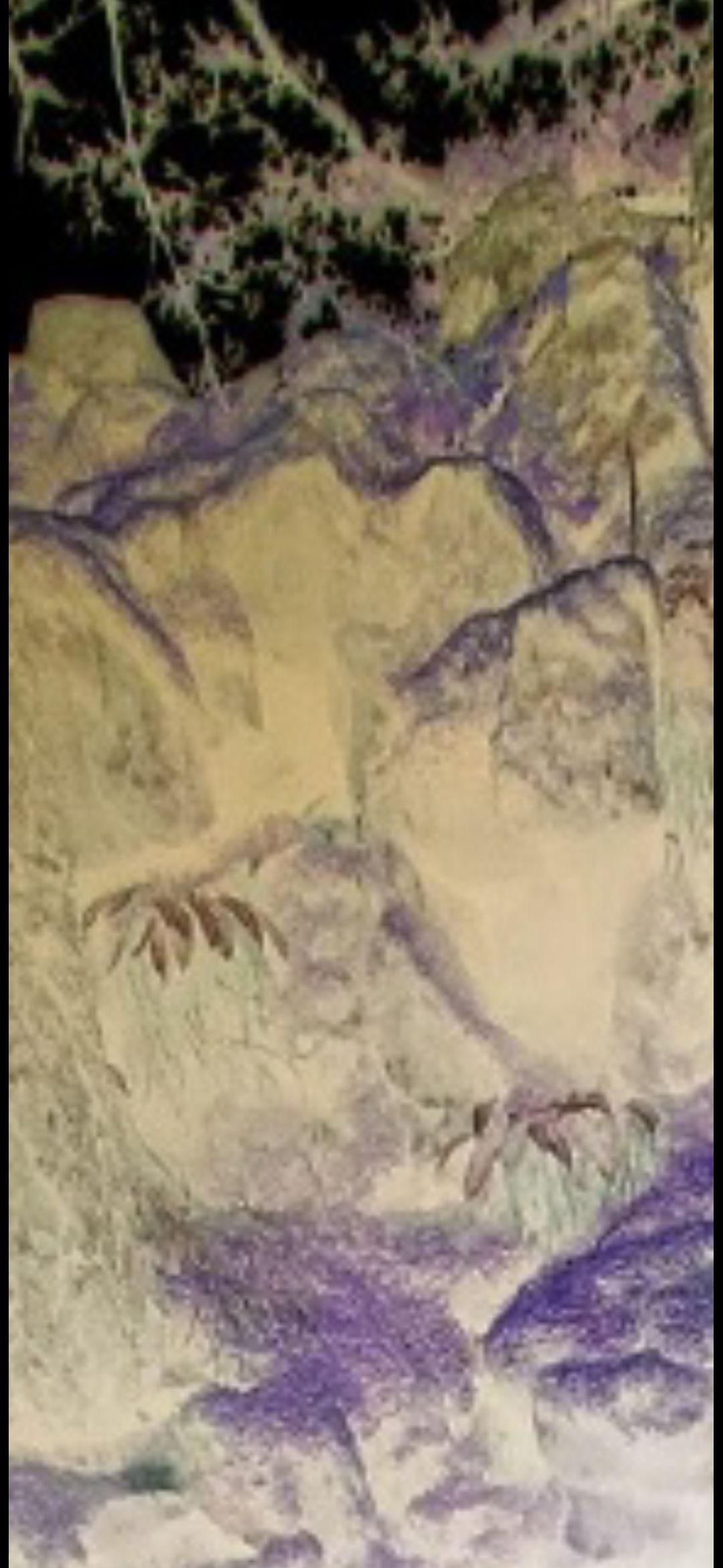 Infrared capture of the rock bridge portal wall showing watcher entities in yellow and purple hues with claw-like shapes visible on the stone surface