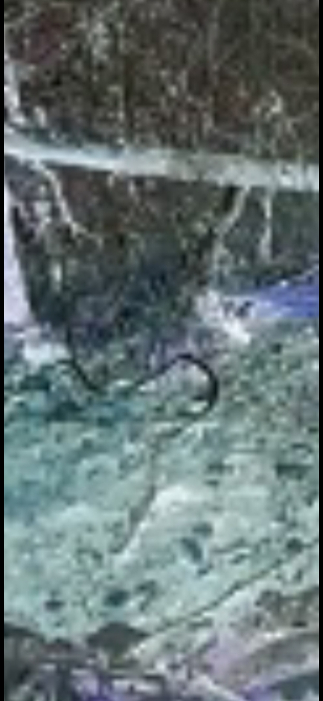 Close-up infrared pixelated view showing watcher entity signatures near the rock bridge portal with coiled serpentine shape visible in the imaging