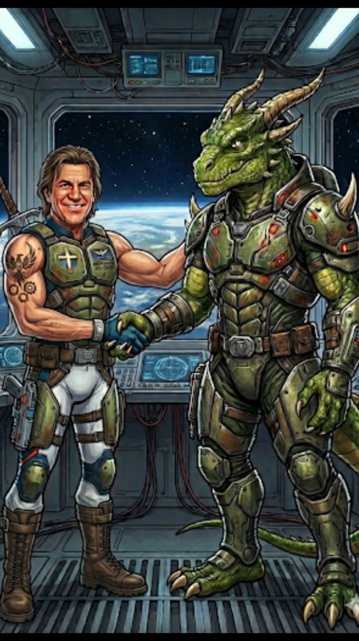 Prophetic vision of Commander Kelso the Perceiver shaking hands with a reptilian emissary in full armor aboard an orbital station with Earth visible through the window, symbolizing the future peace treaty between the human race and the reptilian race
