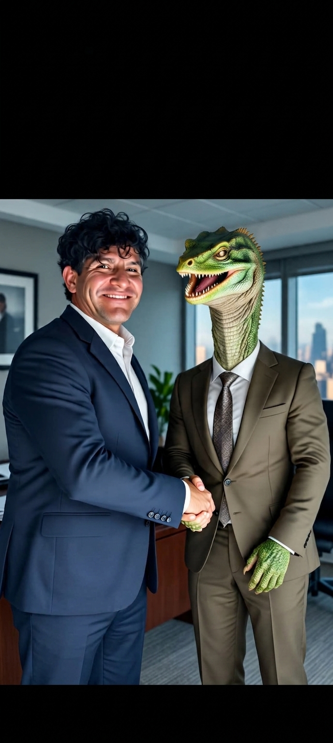 Symbolic AI-rendered composite of the Perceiver shaking hands with a reptilian entity in business attire representing the hidden alliance between reptilian power structures and human institutions