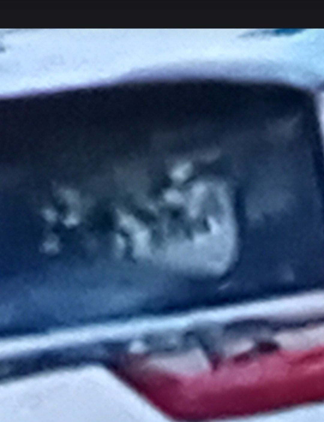 Wider capture of the rear window showing two distinct figures visible during the shape-shift sequence — the female reptilian mid-morph alongside the alien class animal companion