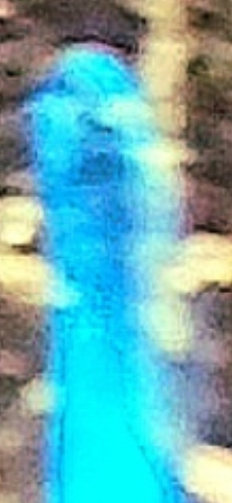 Bridge of the Gods Blue UAP extreme zoom on the upper portion revealing the fully manifested face with discernible head shape eyes and facial structure embedded within the cyan plasma body — direct evidence of the shape-shifting capability