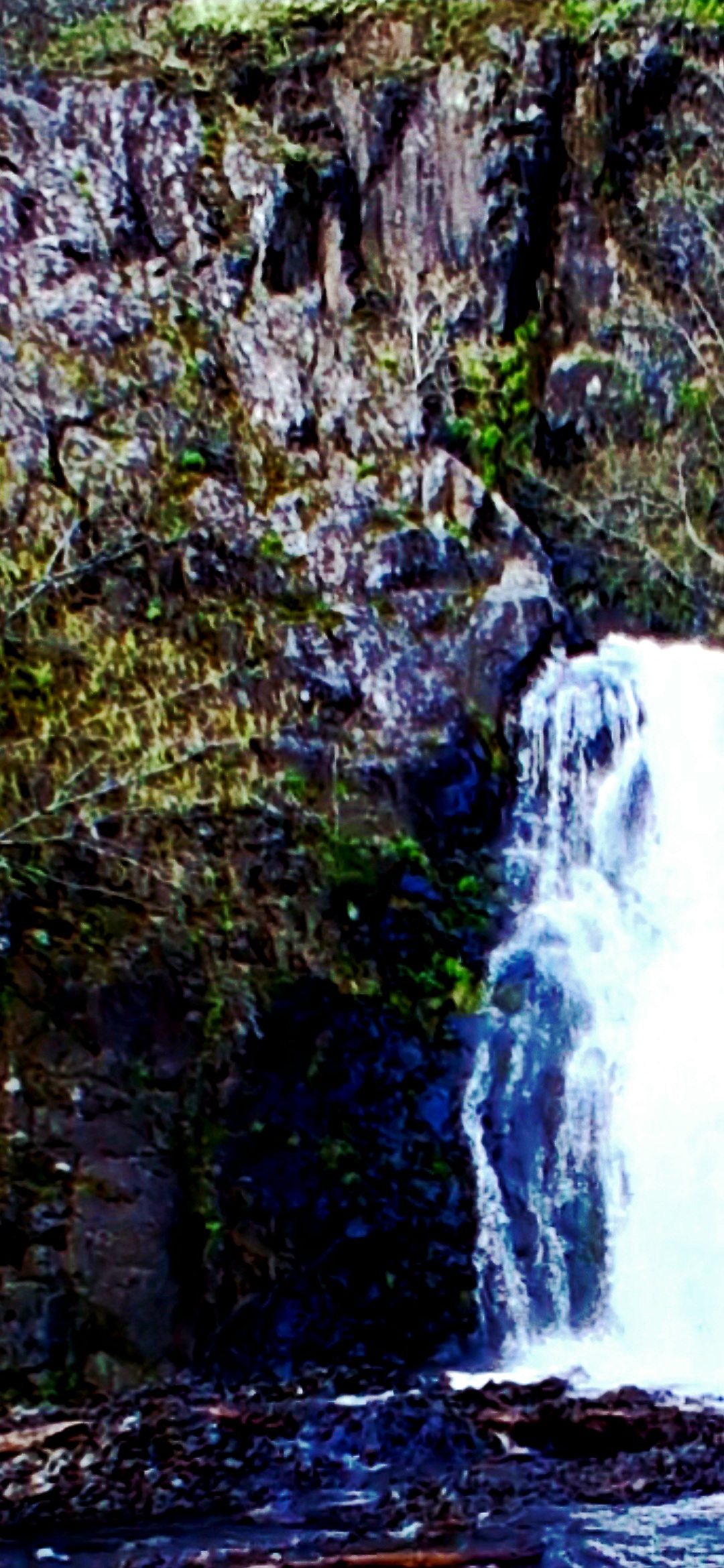 Non-human watcher entity in waterfall water looking directly at the Perceiver with rock face featuring two eyes nose and mouth beside it Columbia Gorge